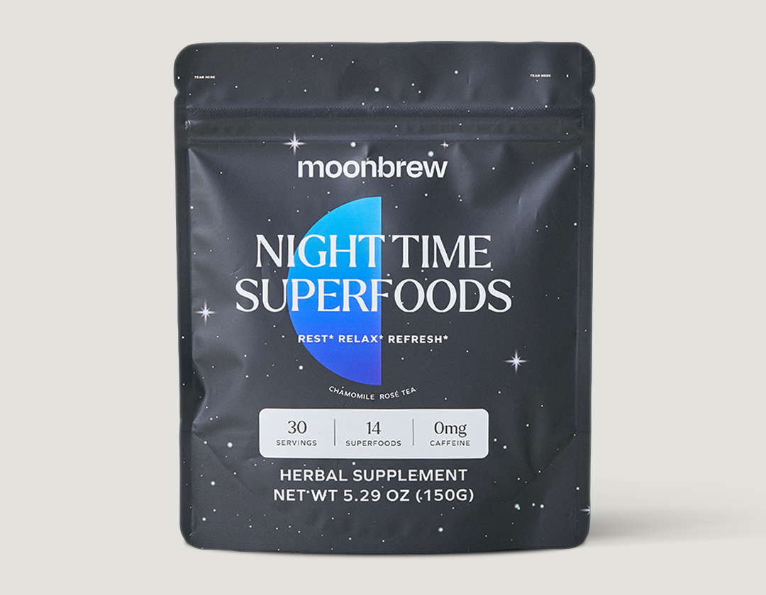 Alt-text: 'Packaging of Moonbrew Night Time Superfoods herbal supplement with stars design.'
