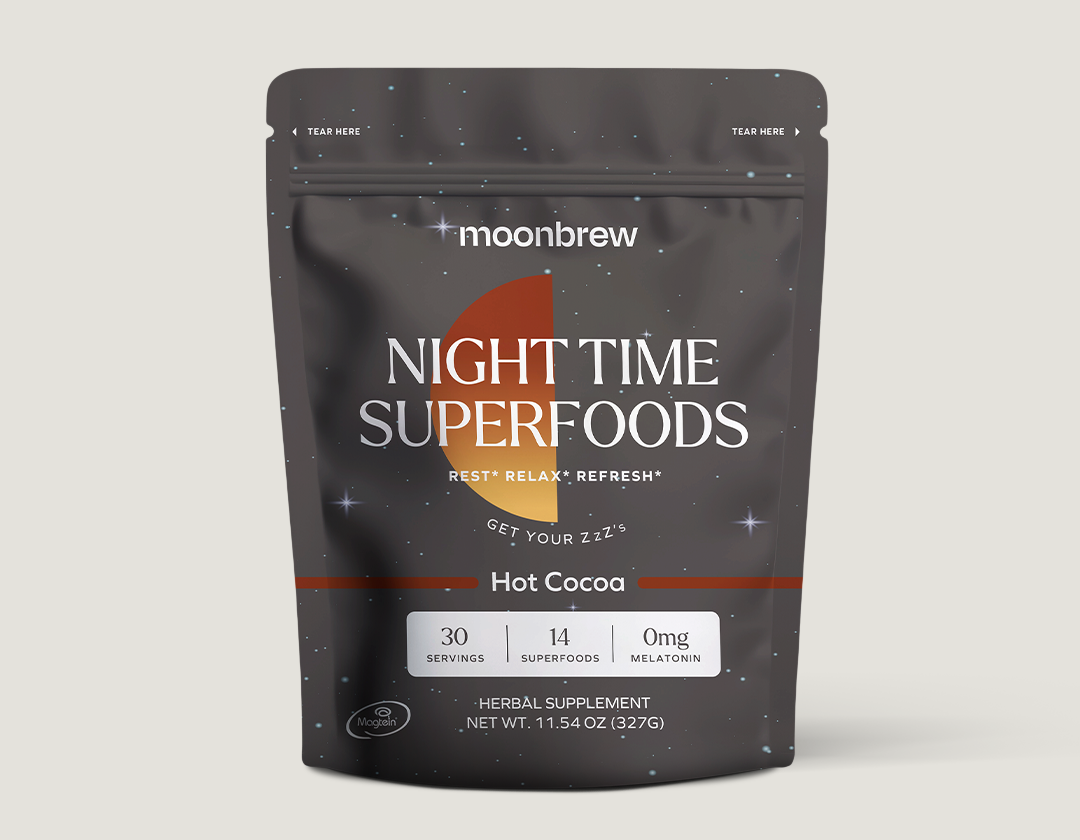 Moonbrew Night Time Superfoods Hot Cocoa supplement packaging with starry background.