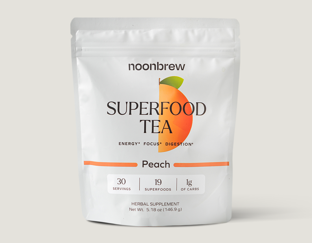 A package of NoonBrew Superfood Tea with peach flavor against a white background.
