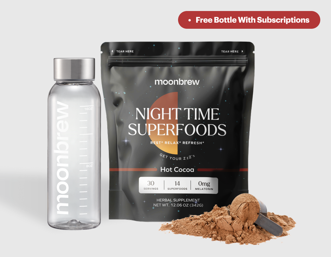 Moonbrew Night Time Superfoods hot cocoa packaging with a free water bottle promotion.