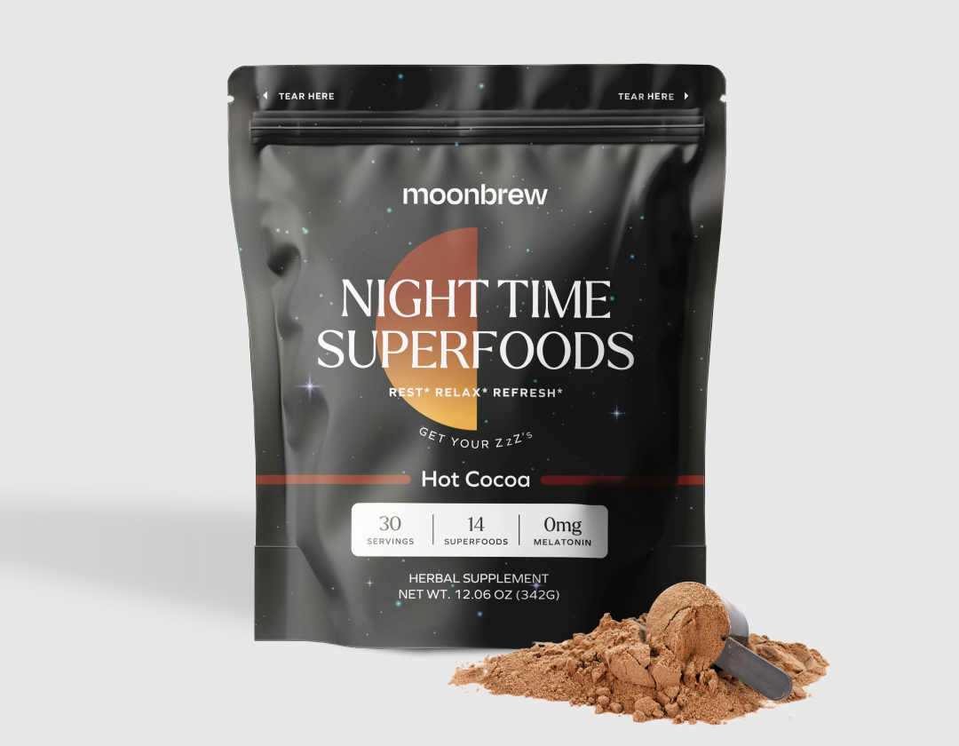 'Moonbrew Night Time Superfoods Hot Cocoa packaging with cocoa powder and scoop.'