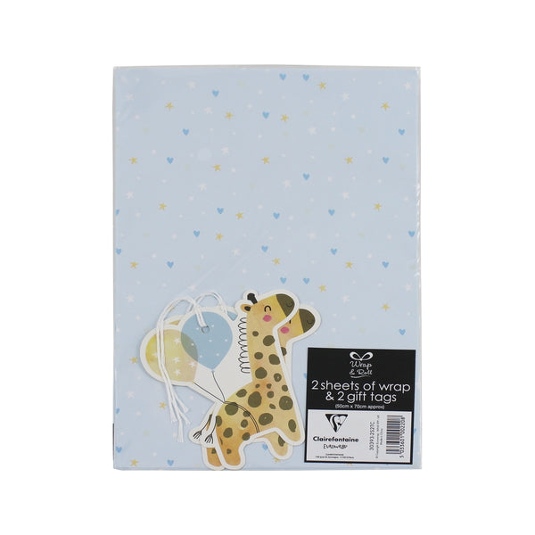 Gift Wrap 2 Sheets Wrapping Paper Baby Boy & 1 Gift Tag 50x70cm