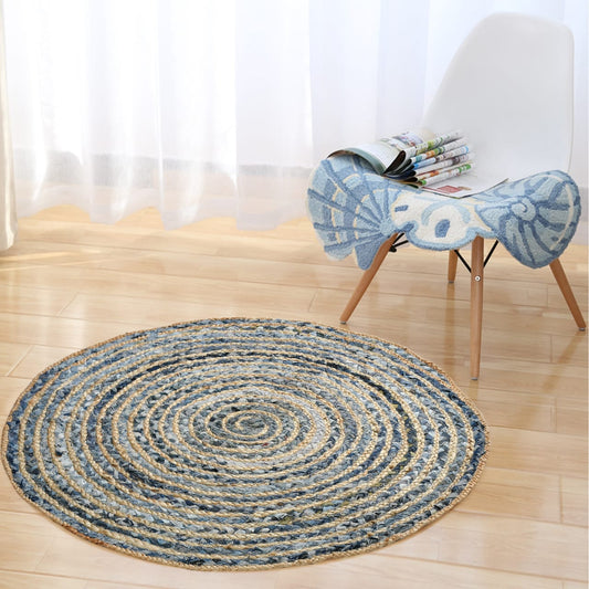 TIB Jute Braided Floor Rug Boho Bedside Living Room Carpet Rug -Beige, 90  cm Round, Border-Chindi