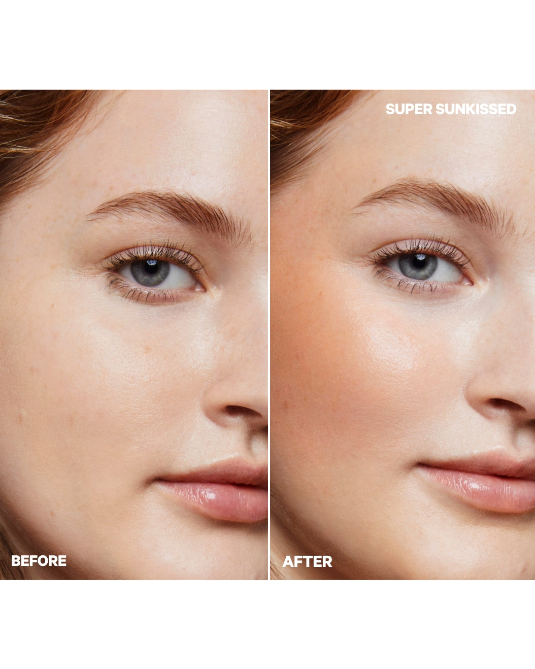 Side-by-side before and after of a model without and with Milk Makeup Matte Bronzer against a white background