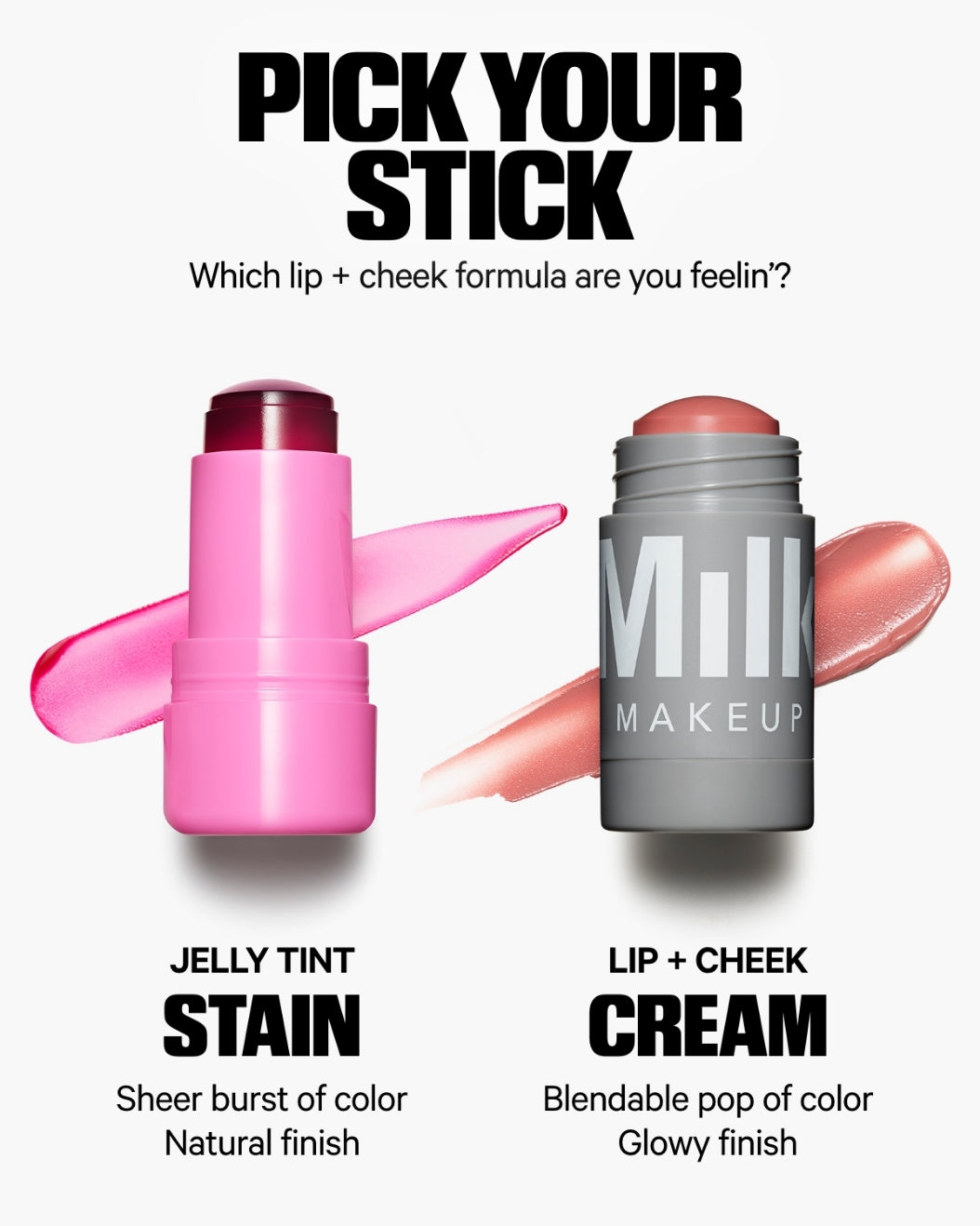 Side-by-side comparison of Milk Makeup's Cooling Water Jelly Tint and Lip + Cheek on a white background