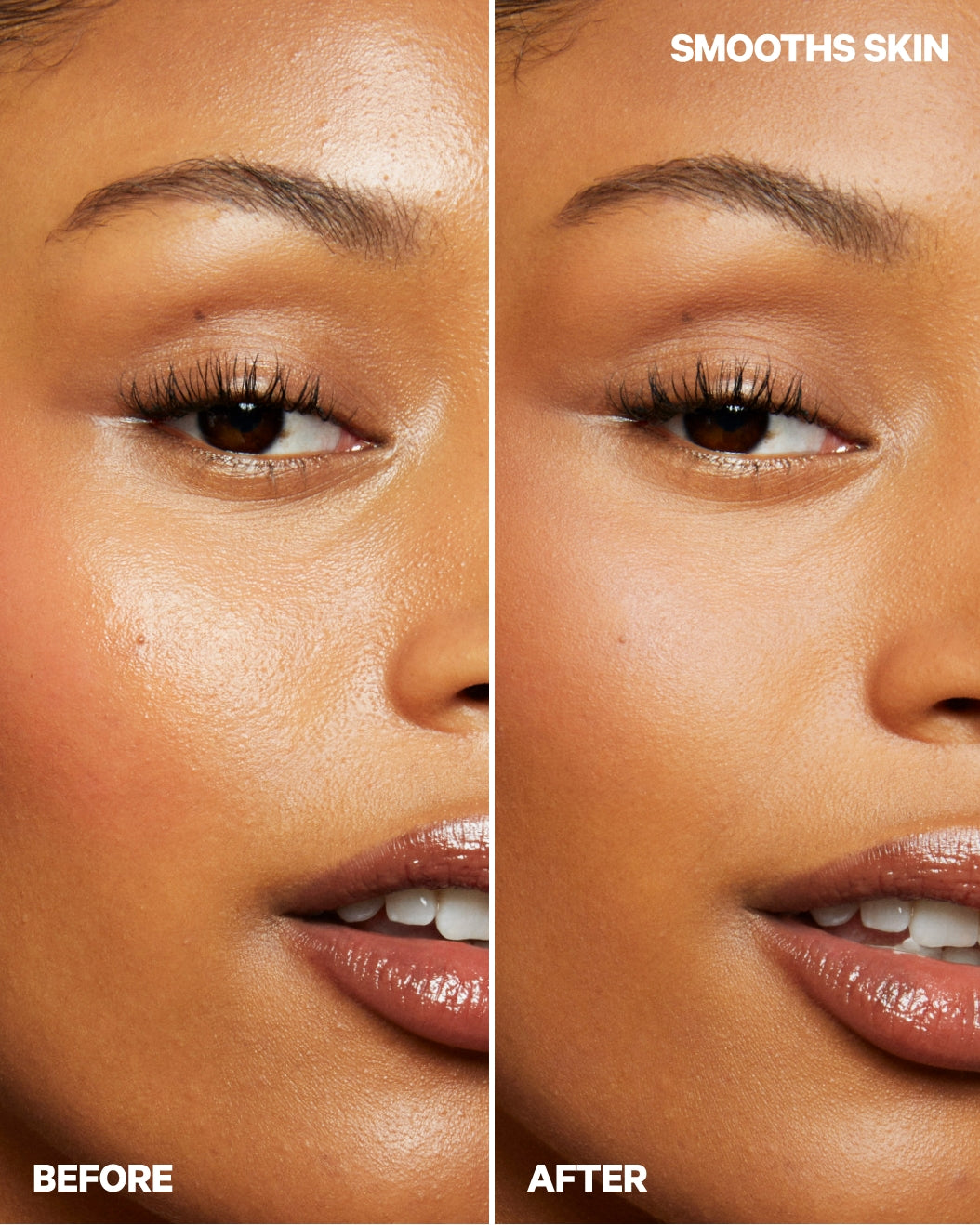 Before and after of a model without and with Pore Eclipse Matte Setting Spray