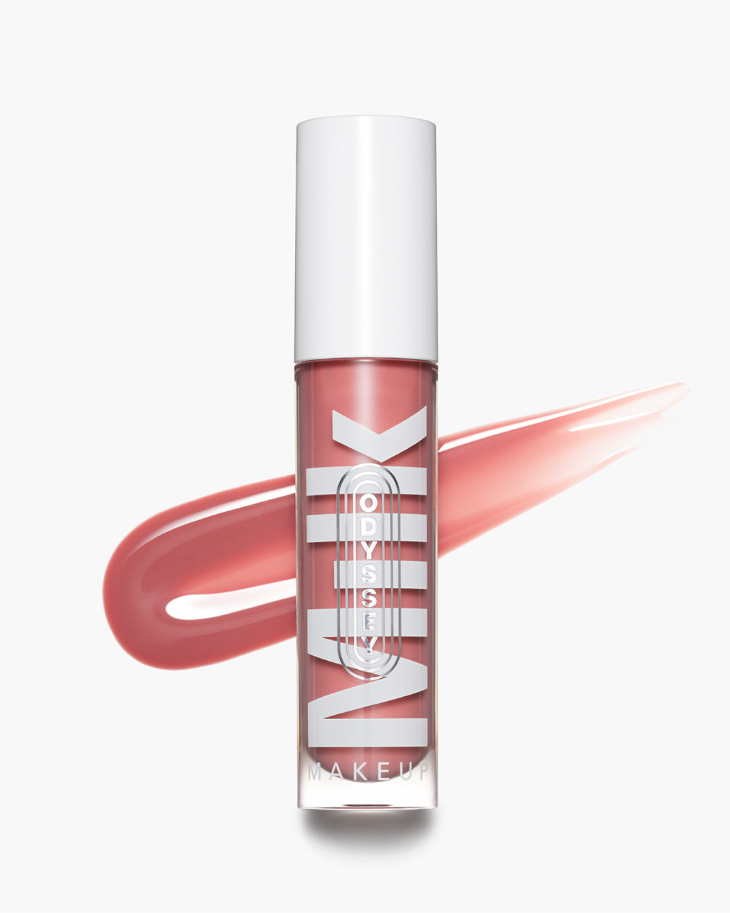 Product shot of Odyssey Lip Oil Gloss in Werk with a swipe behind it on a white background