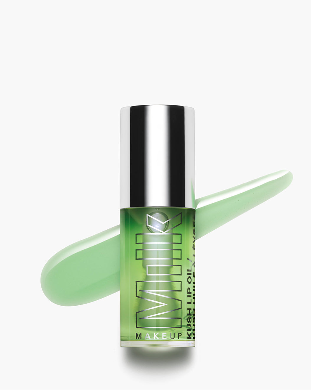 Product shot of KUSH Lip Oil in Green Dragon with a swipe behind it on a white background