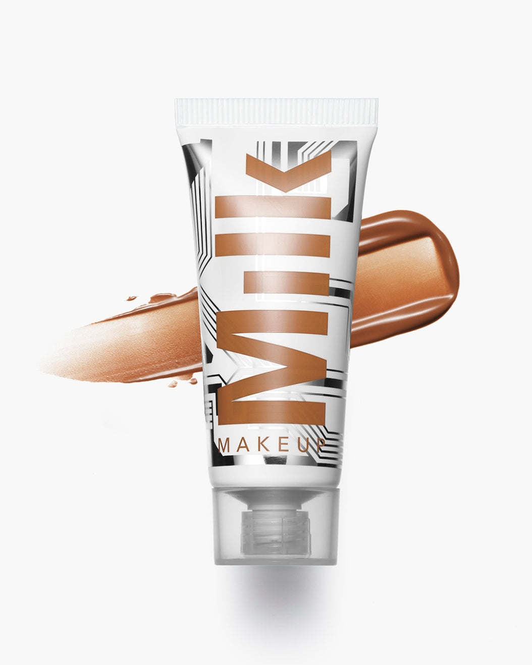 Product shot of a tube of Milk Makeup Bionic Bronzer in Time Travel with a swipe of the product behind it against a white background