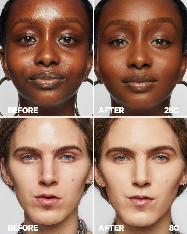 Models show before and after Milk Makeup Future Fluid All Over Cream Concealer 