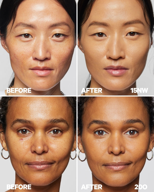Models show before and after Milk Makeup Future Fluid All Over Cream Concealer 