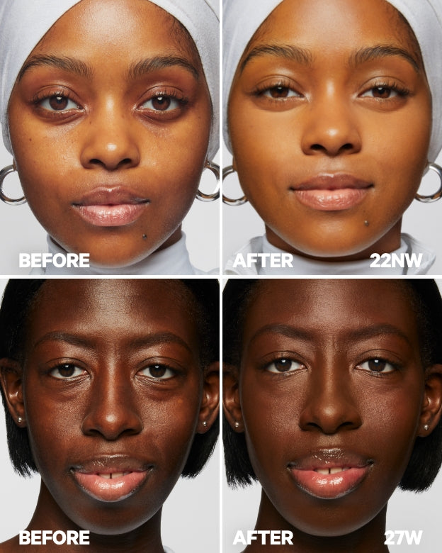 Models show before and after Milk Makeup Future Fluid All Over Cream Concealer 