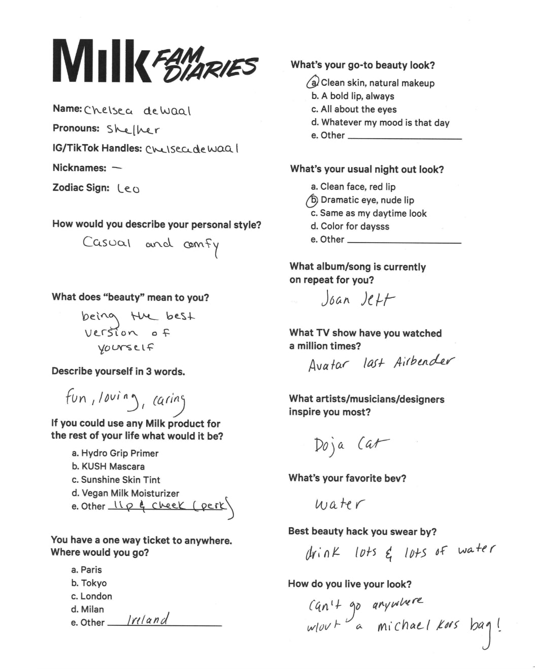 Survey filled out by Milk Makeup model Chelsea