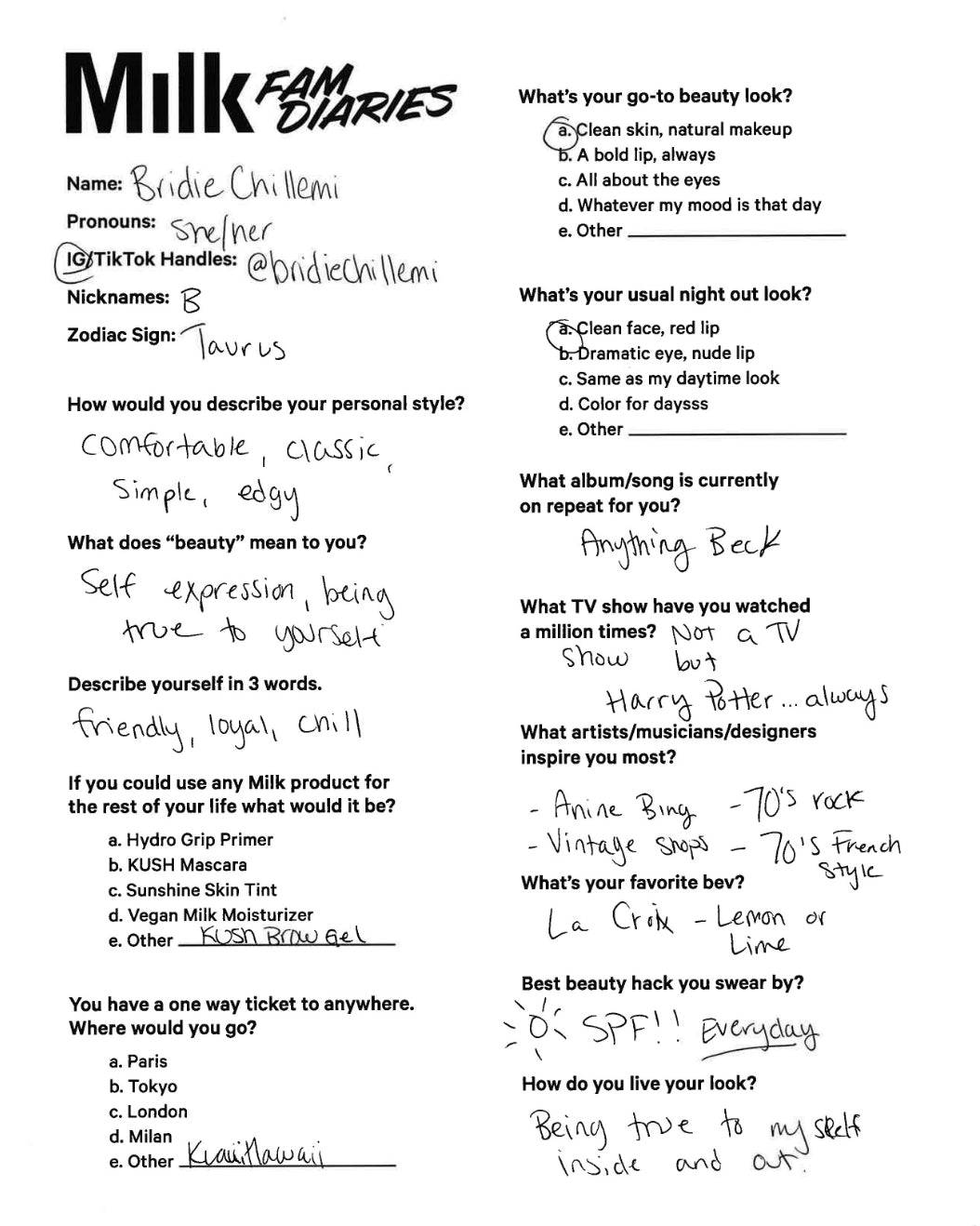 Handwritten Q+A by Milk Makeup model Bridie