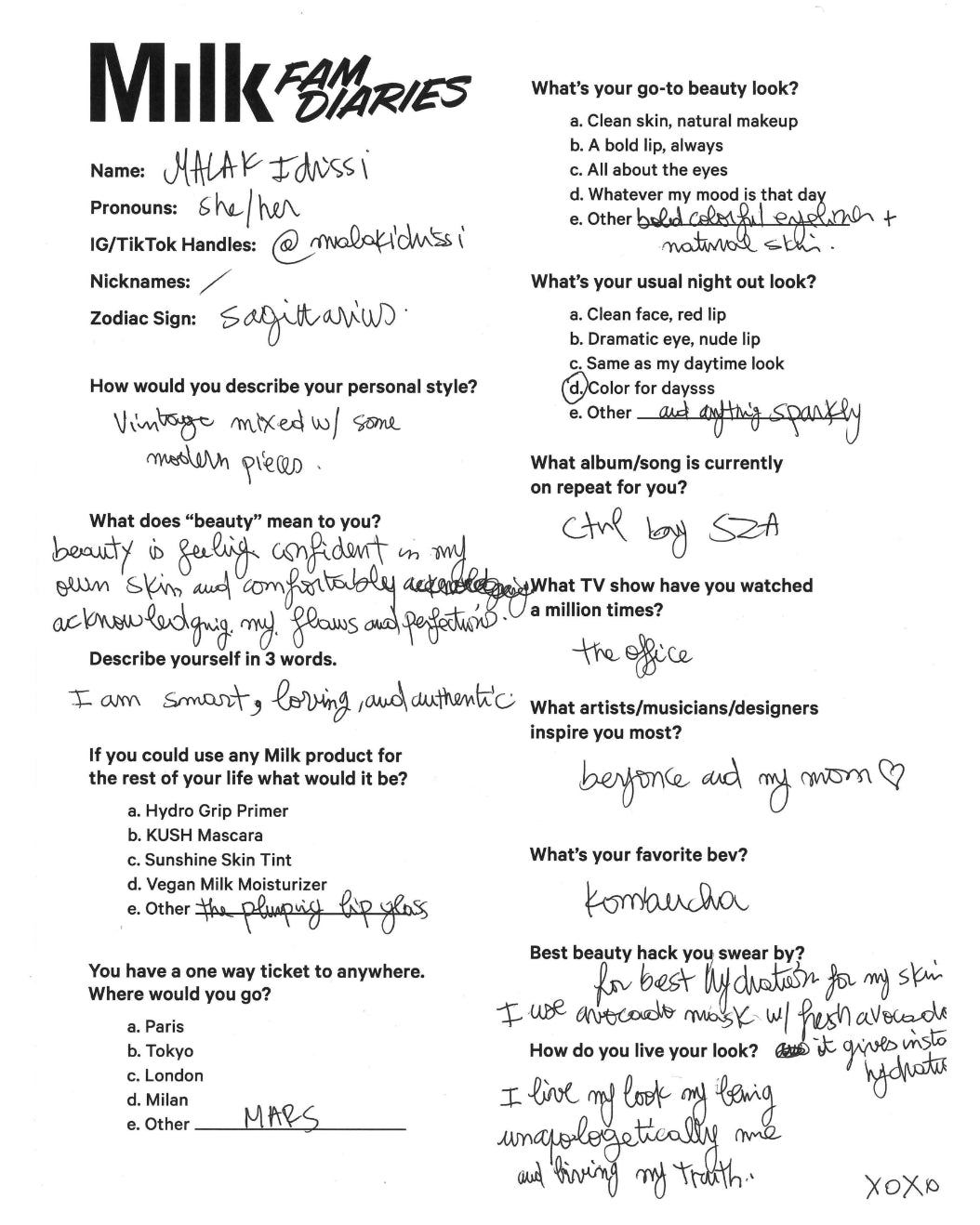 Model Malak Idrissi's handwritten Milk Fam Diaries questionnaire