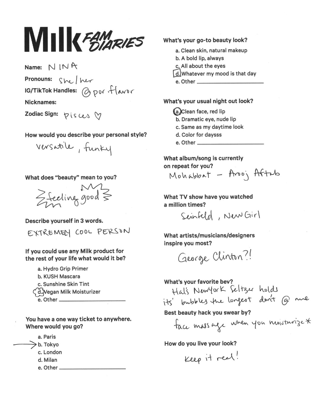 Handwritten Q+A by Milk Makeup model Nina
