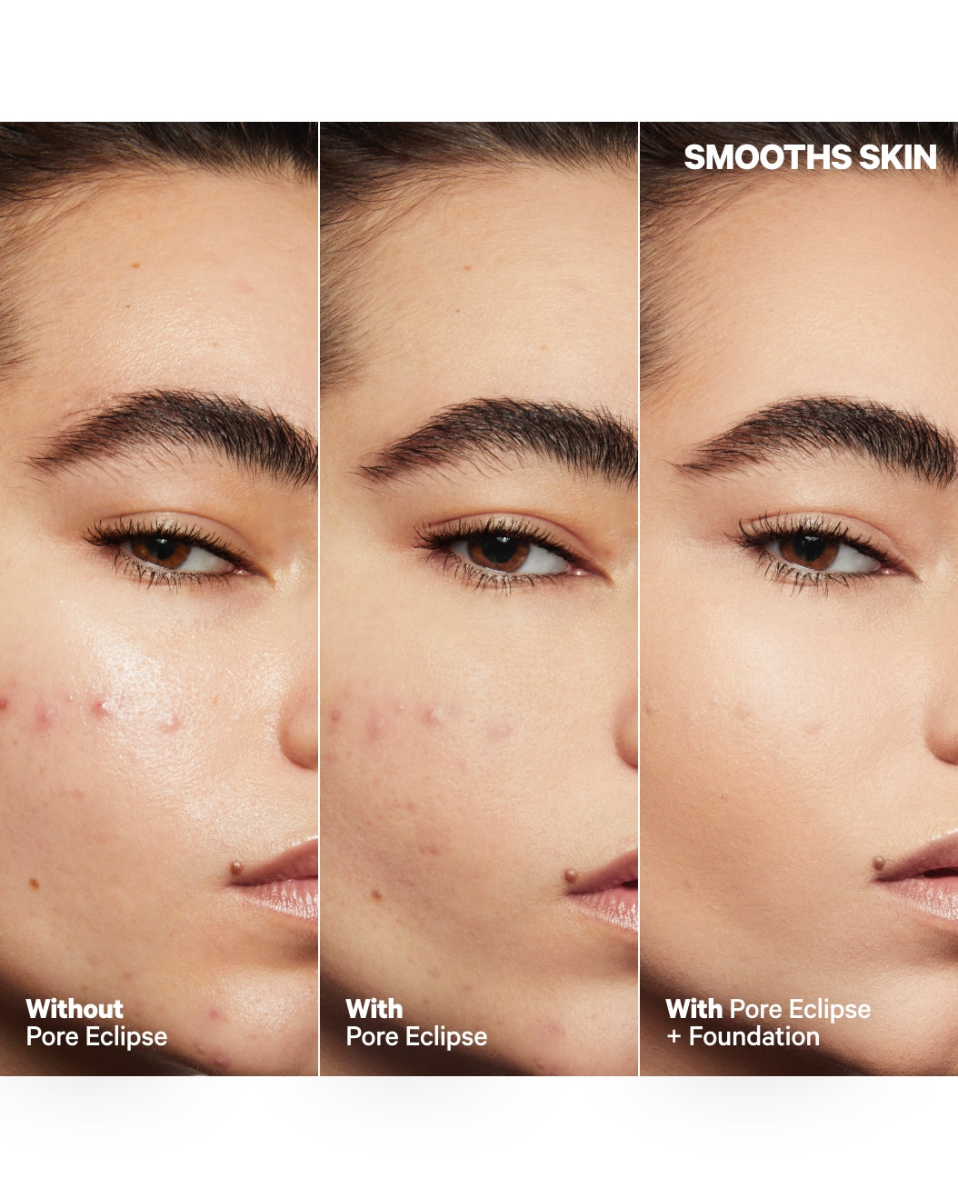 A model wears Milk Makeup Pore Eclipse Mattifying Primer for soft-focus, filter-finish skin.