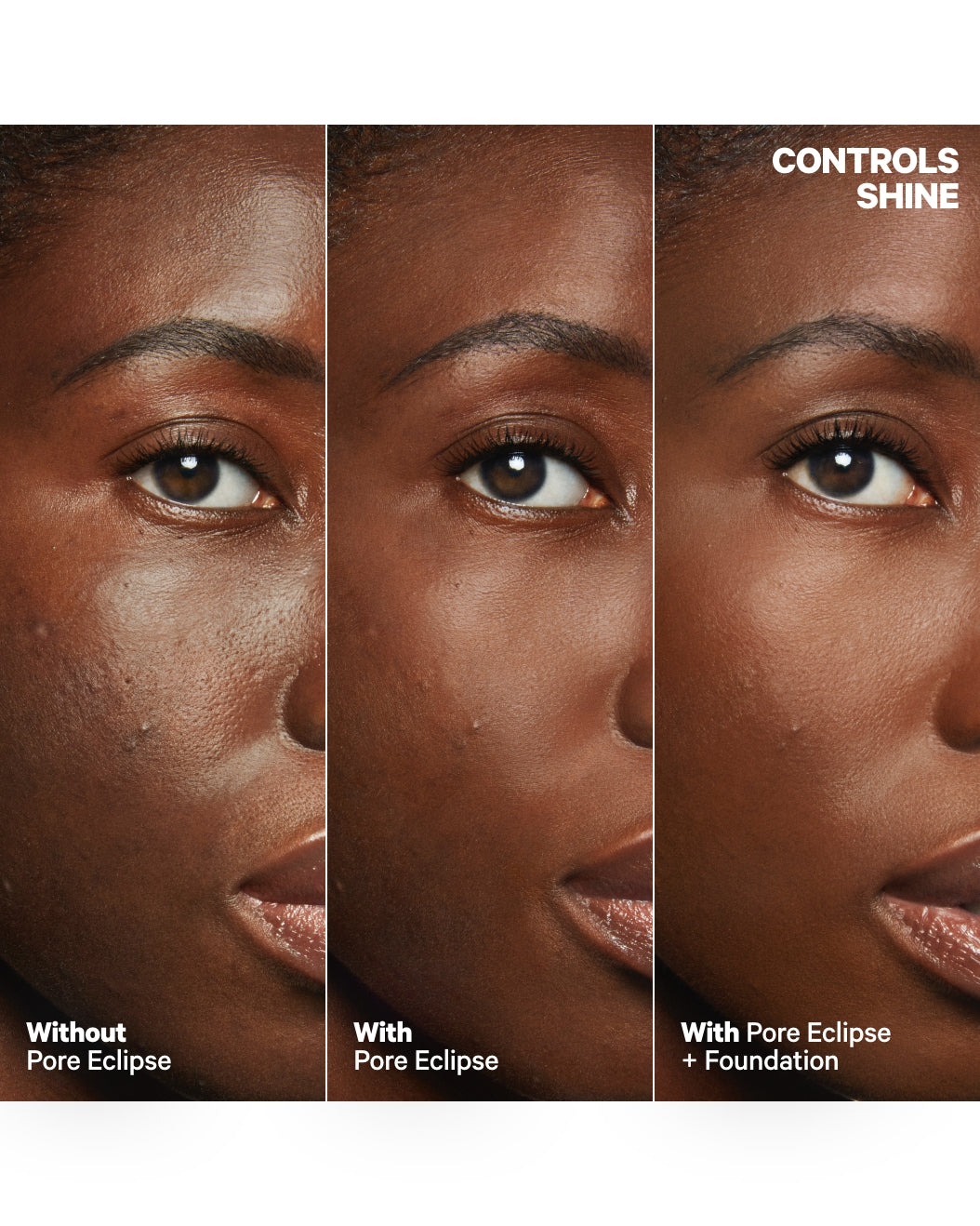 A model with visible pores and shine before wearing Milk Makeup Pore Eclipse Mattifying Primer.