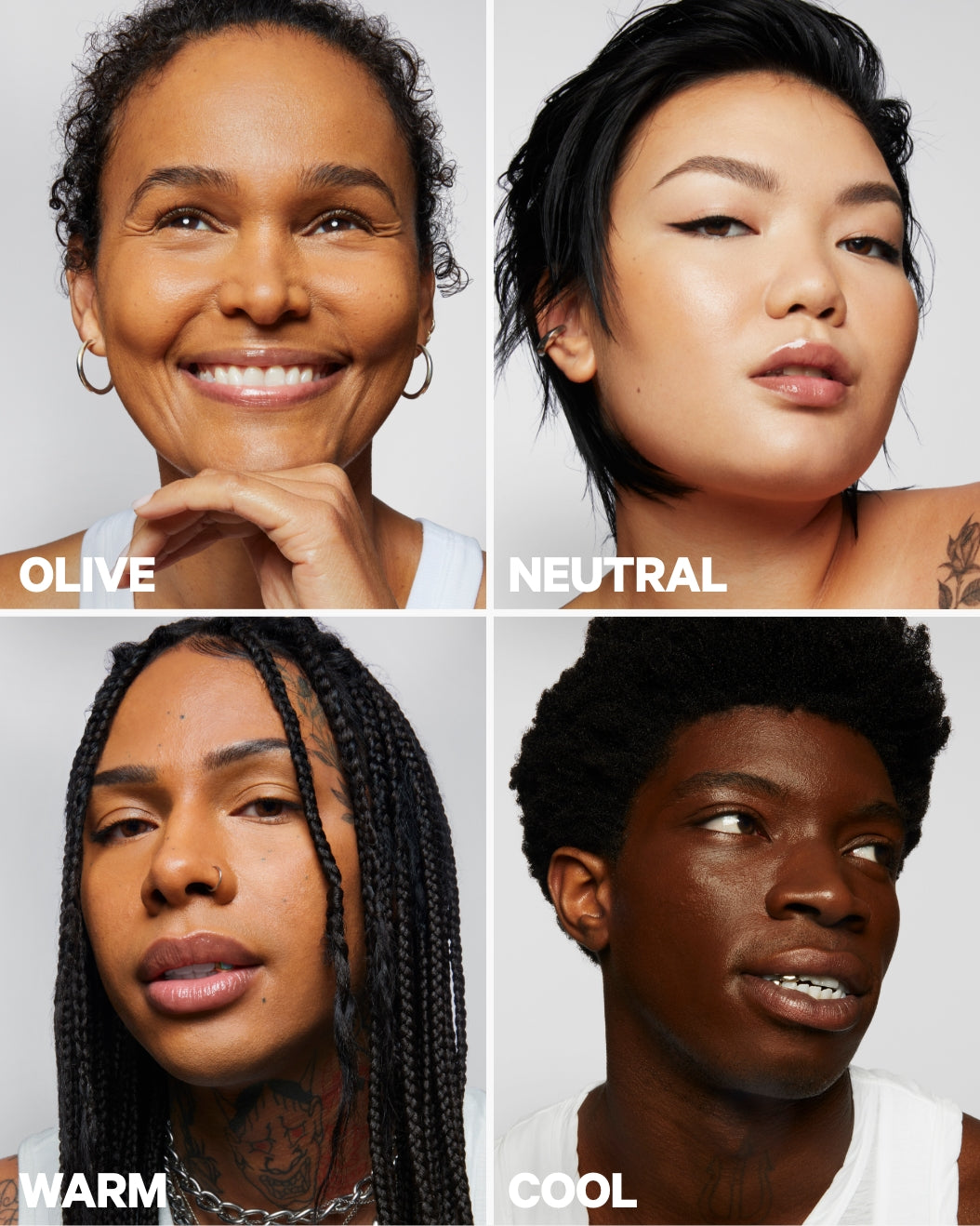 Quad of models with different skin tones who have either warm, cool, neutral, or olive undertones.