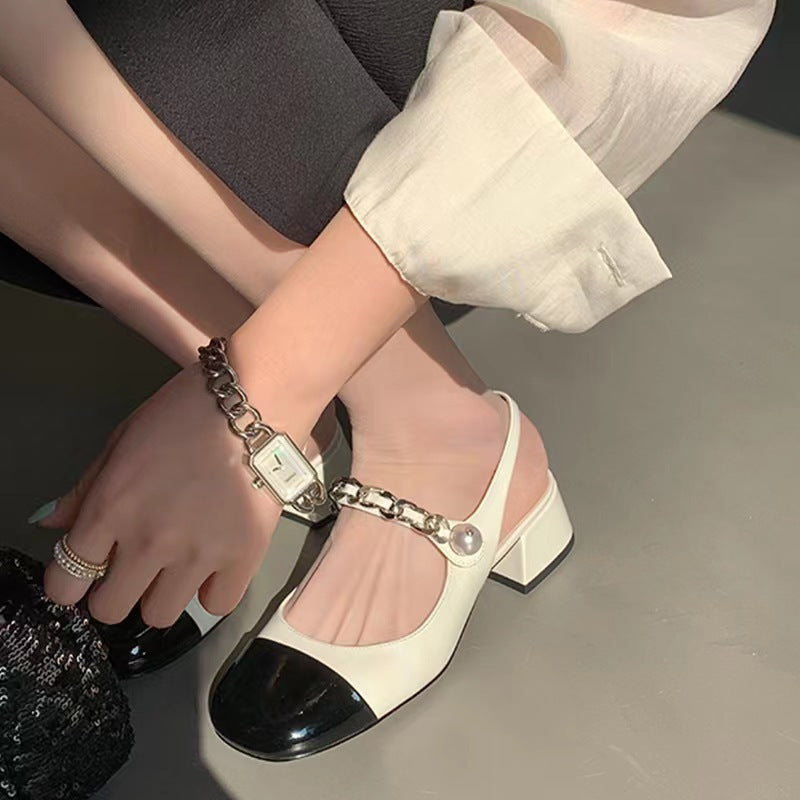 IFOMT Women's Chain Closed Toe Chunky Temperament Heels