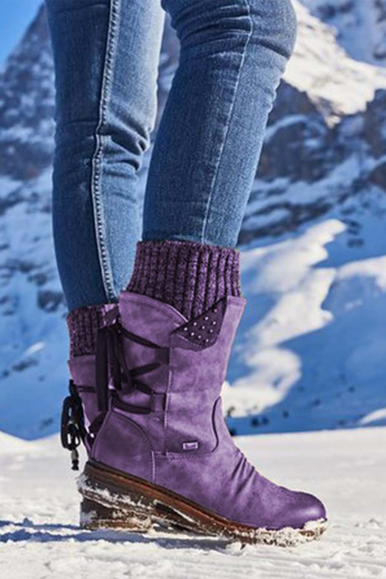 IFOMT New Fashion Spring Outfit Mid-Calf Knitted Patchwork Lace Up Boots