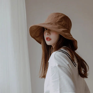 IFOMT 12cm Wide Brim Bucket Hat Women  Outdoor Summer Foldable Big Brim Sun Hats Large 100% Cotton Panama Bob - Ifomt