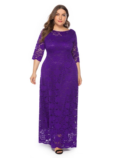 Plus Size 6xl O-neck Lace Evening Dress Hollowed out Prom Gown Have Pockets Formal Dress Half Sleeve Robe XUCTHHC 2020 New Dress