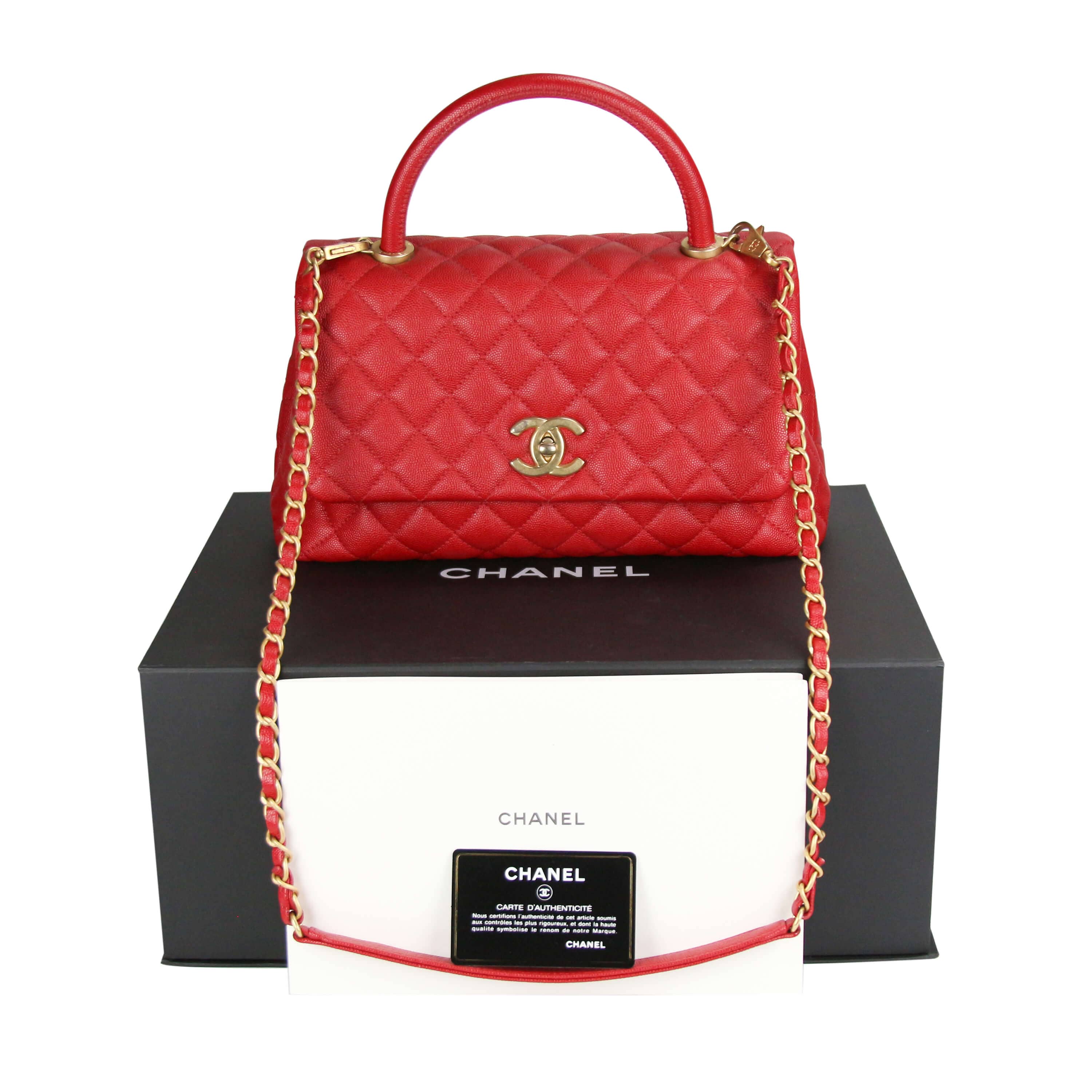Chanel Coco Poignee Flap Sac Moyen Rouge Caviar Or Vieux 5 0
