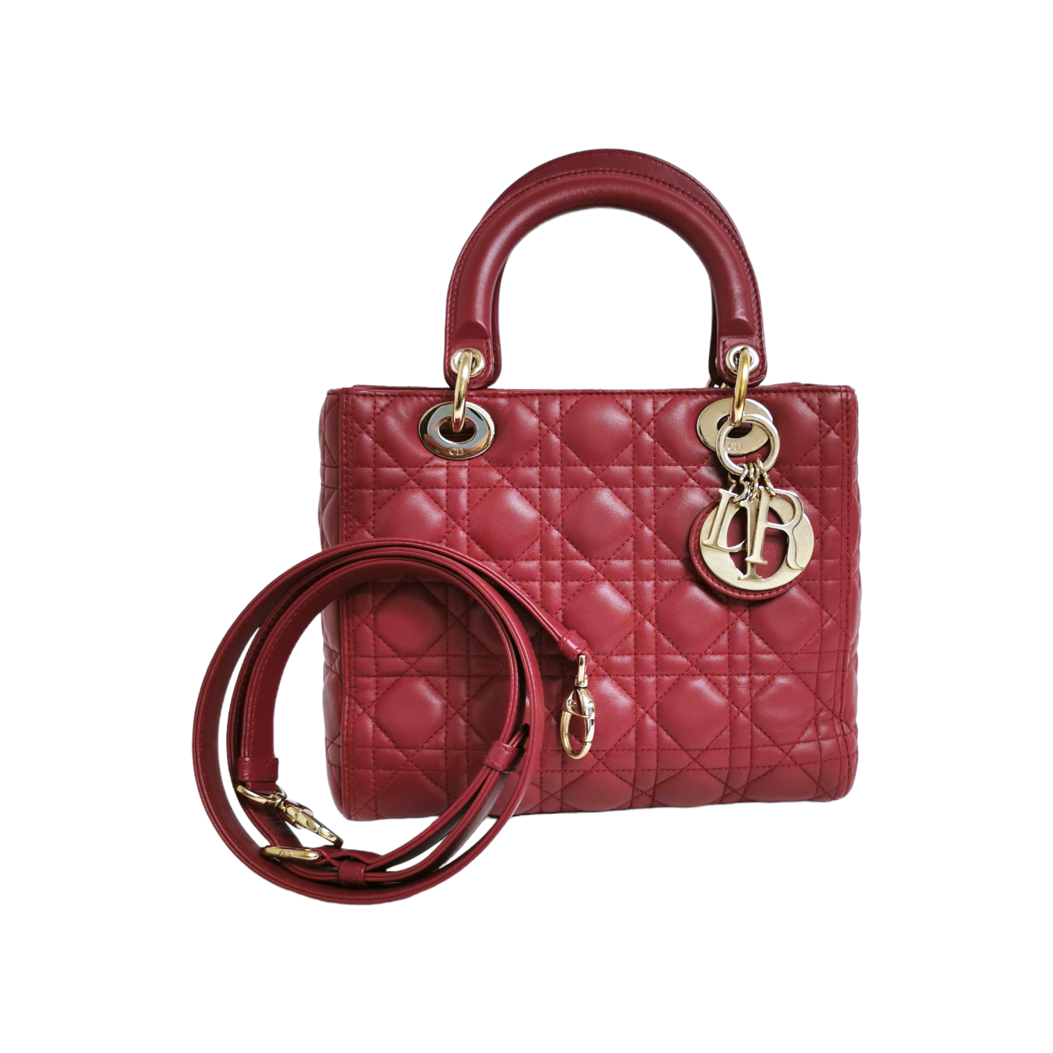 Dior Lady Dior Medium Red Cannage Quilted Leather Gold