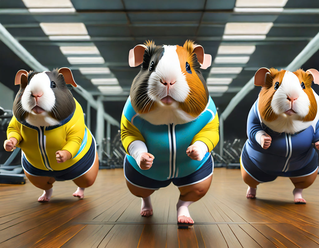three guinea pigs facing the camera in exercise gear in a gym