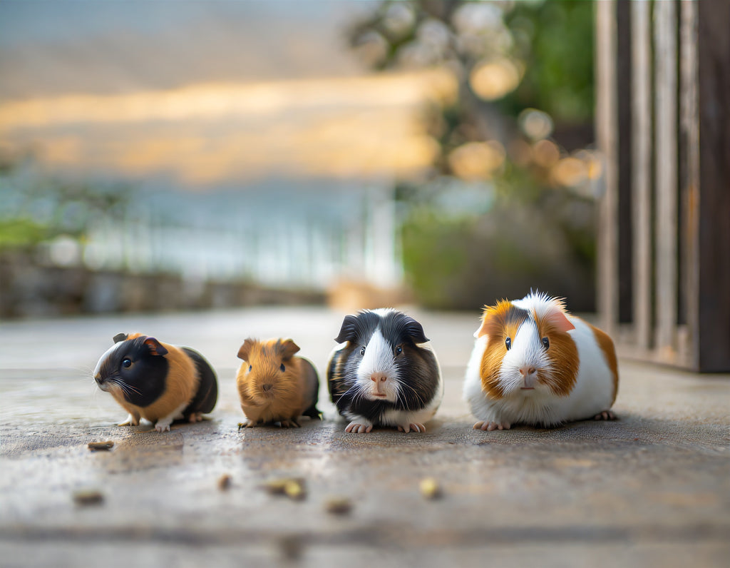 generated by firefly, 4 small guinea pigs on a concrete floor staring at the camera with a beach backdrop