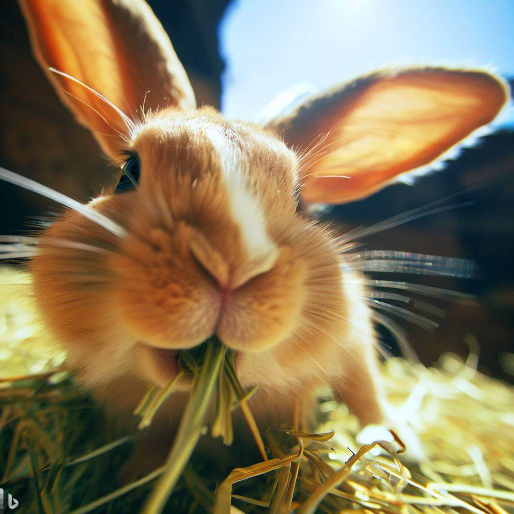 Close up of adorable bunny eating  timothy hay by Andy