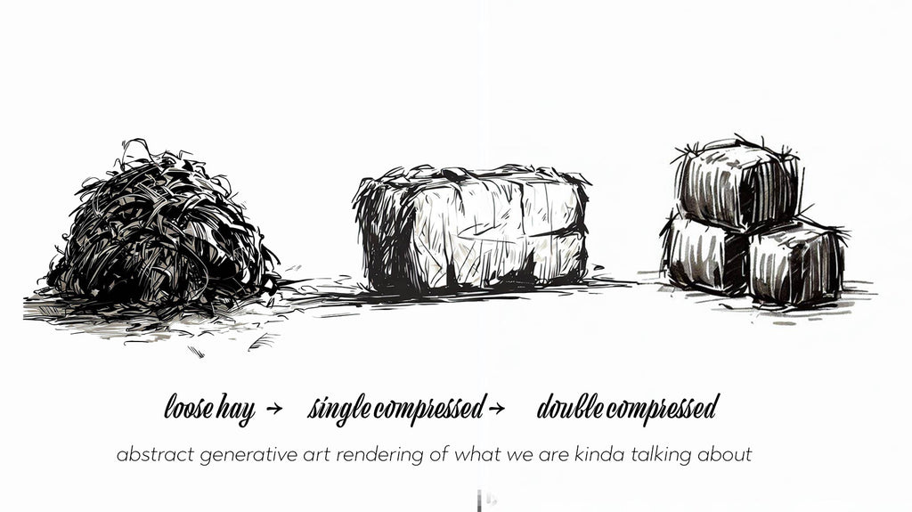 sketched rendering of hay transforming from a loose pile to a double compressed stack