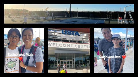 Collage of four pictures from the National Adaptive Tournament in Orlando, FL at the USTA National Campus. First picture is of Gavin and Konhee warming up, the second picture is a close up of Konhee and his mom smiling , the third picture is of Gavin and Konhee in front of the USTA National Campus entrance, and the fourth picture is a close up of Gavin and his dad smiling.