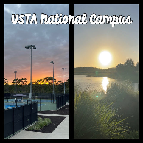2 picture collage, the first picture is of the USTA National campus rooftop dining with the sun setting over the tennis court, the second picture is of the sun right over the lake at the USTA National Campus with the sun reflecting off the water.