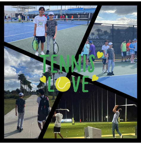 Picture collage of pictures from the USTA National Adaptive Tennis Tournament, the first picture is of Gavin and Konhee on the tennis court in the rain, the second picture if of Gavin and Konhee participating in on-the-court activities with all the other Unified Doubles team, the third picture is of Gavin and Konhee walking down the long path to the Collegiate Center at the USTA National Campus, and the fourth picture is of Konhee and his mom at Drive Shaft, a fun driving range where the USTA National office arranged for all the competitors to have some off-the-court team bonding time.
