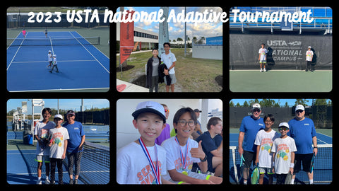 Picture collage of 6 pictures. The first picture is Gavin and Konhee playing tennis on the court at the USTA National Adaptive Tennis Tournament, the second picture is of Gavin and Konhee in front of the USTA SoCal flag at the USTA National Campus, the third picture is of Gavin and Konhee on the tennis court in front of the fence where it says USTA Nationals, the fourth picture is of Gavin and Konhee receiving their special recognition award with the Miyako, who nominated them, the fourth picture is of Gavin and Konhee sitting on the bleachers with their tournament medals, and the last picture is of Gavin and Konhee with opponents, Jim and Mark (Gavin and Konhee were the youngest competitors and Jim and Mark were the oldest doubles team.)