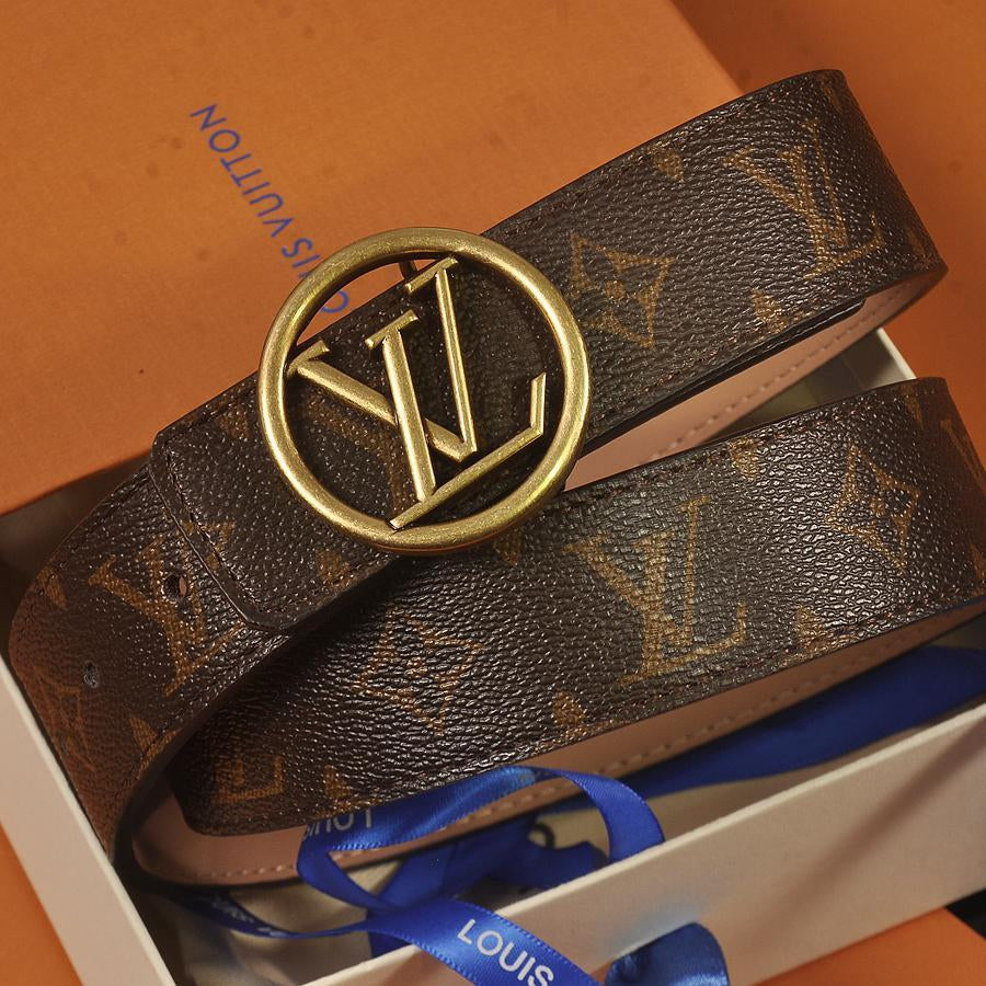 Louis Vuitton Hot Sale Fashion Letter Check Print Round LV Letter Buckle Belt