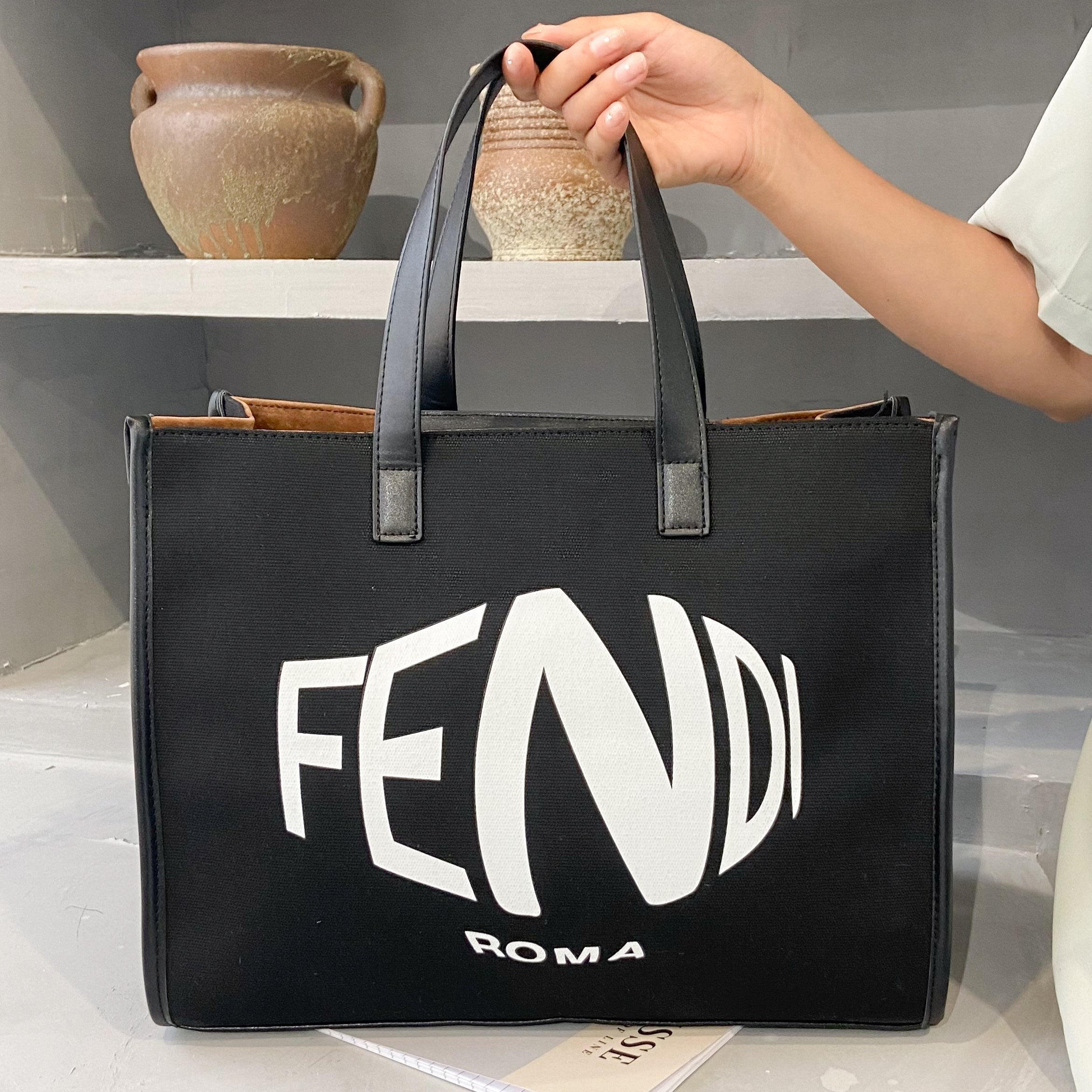 FENDI Canvas Embroidered Letters Ladies Shopping Handbag Shoulde