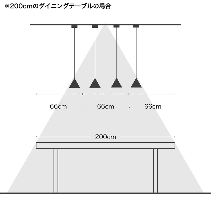 ダイニング照明とテーブルのバランス。テーブルが200cmの場合