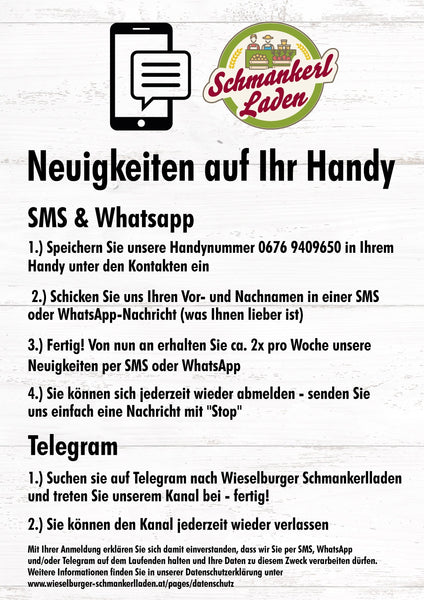 Wieselburger Schmankerlladen SMS Whatsapp Telegram Newsletter
