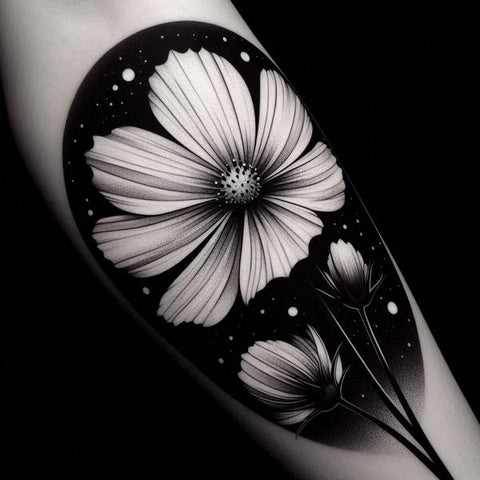 Black and White Cosmos Flower Tattoo