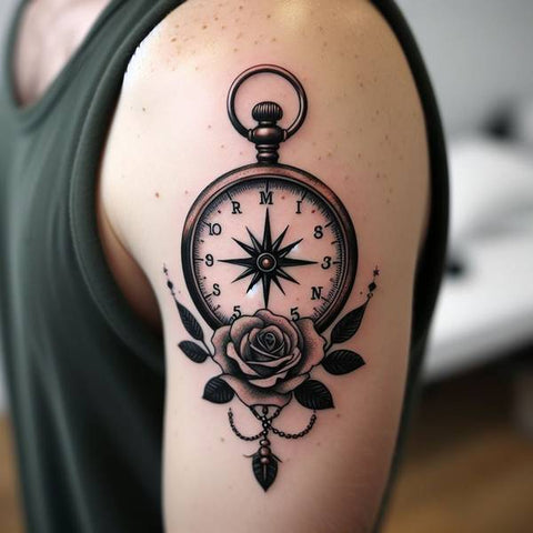 Compass Clock and Rose Tattoo 1