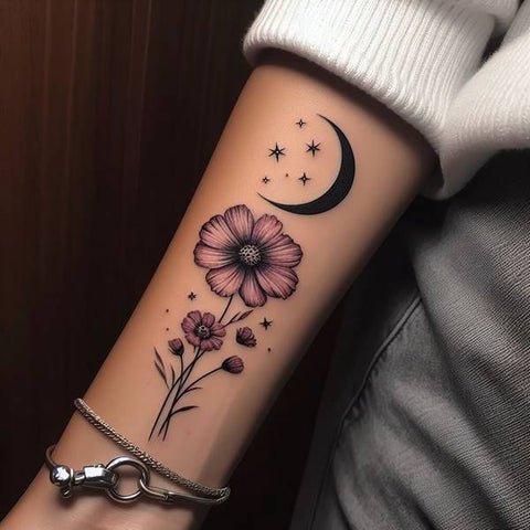 Cosmos Flower and Moon Tattoo 1