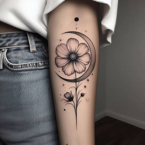 Cosmos Flower and Moon Tattoo 2