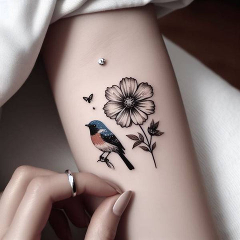 Cosmos Flower and Stellar Jay Tattoo 2