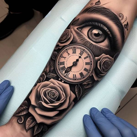 Eye Clock and Rose Tattoo 1