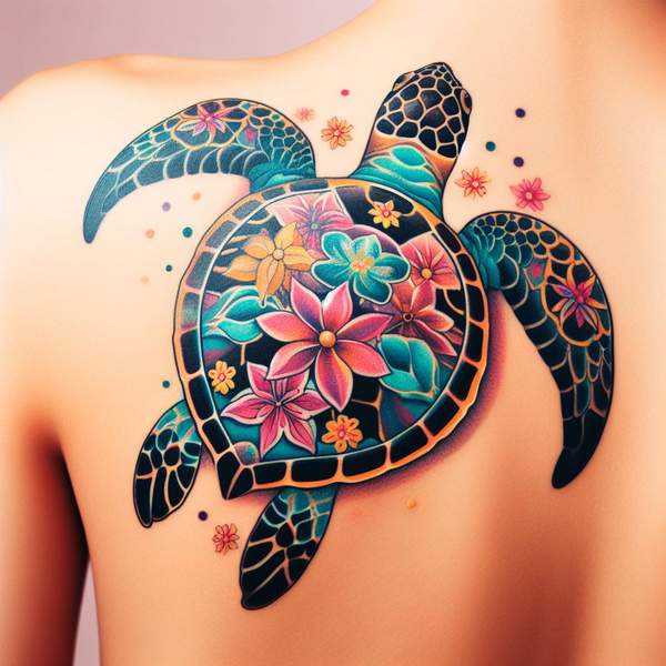 Sea turtle tattoo with flower 1