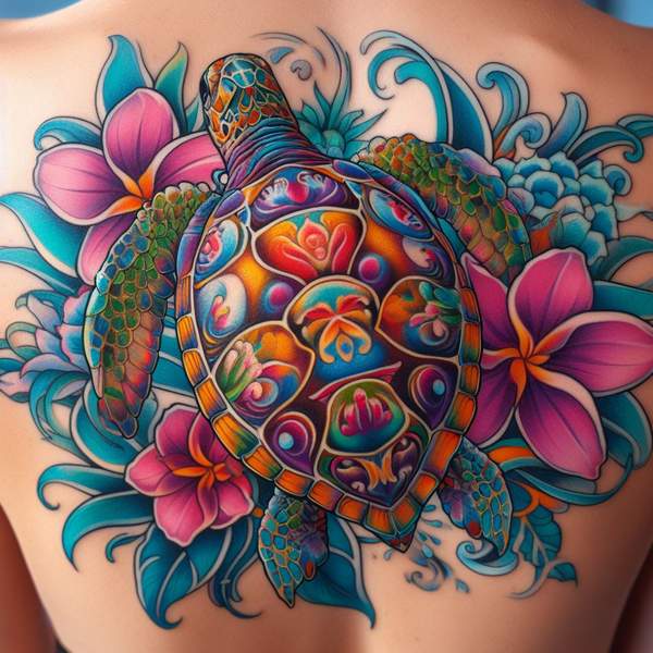 Sea turtle tattoo with flower 2