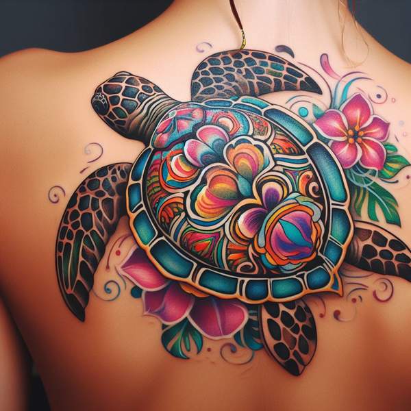 Sea turtle tattoo with flower 3